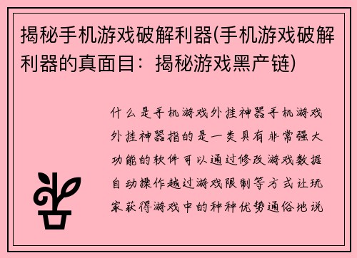 揭秘手机游戏破解利器(手机游戏破解利器的真面目：揭秘游戏黑产链)